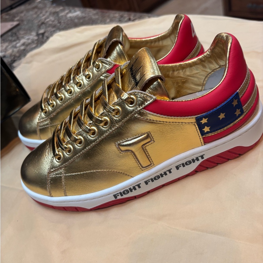 Real, authentic and unworn gold Trump sneakers. Soft, tough and beautiful!